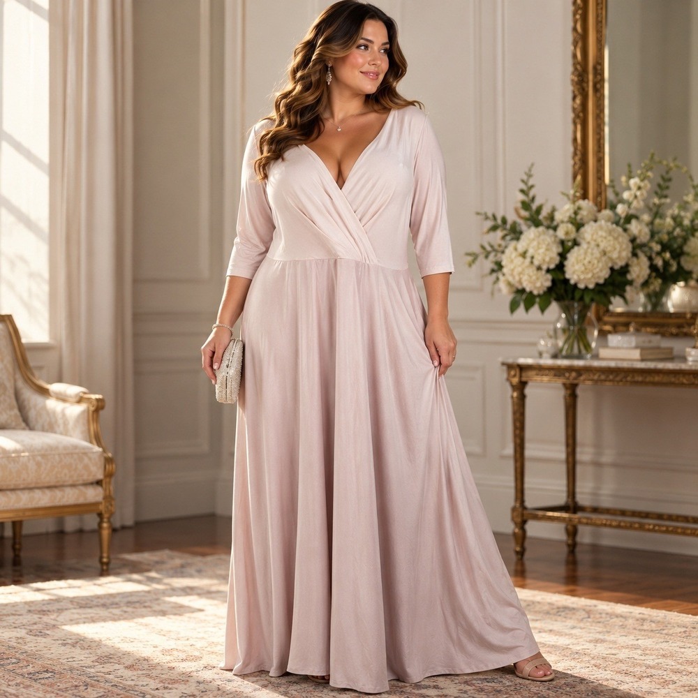 Alfred Sung Jersey Maxi Dress Blush Pink Wrap V-Back Dress Women's XL, 14